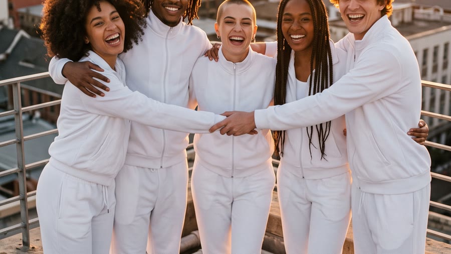 Five friends in white tracksuits arm in arm on a rooftop at sunset, city skyline behind